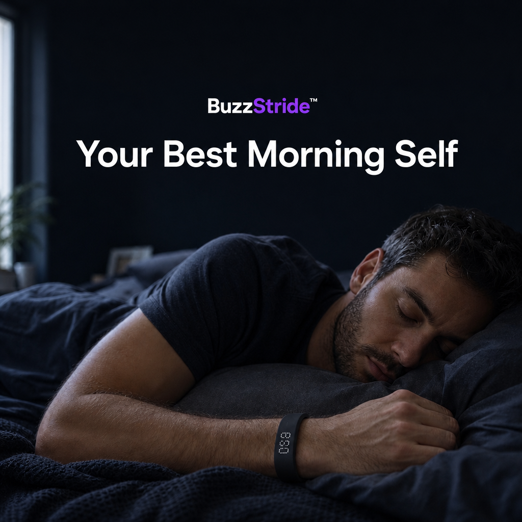 BuzzStride silent wrist alarm on a sleeper's wrist